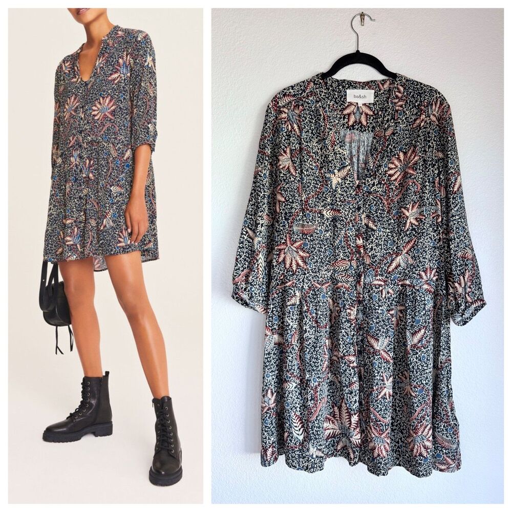 NWT Ba&sh Jim 3/4 Sleeve V-Neck Relaxed Fit Mini Dress in Bleunuit Size 1 (US 4)